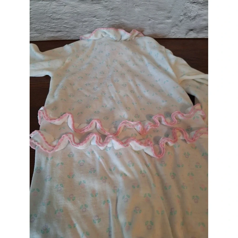 Baby Girls White Floral Footed Sleeper Ruffle Collar Pink Bows One Piece Pajamas